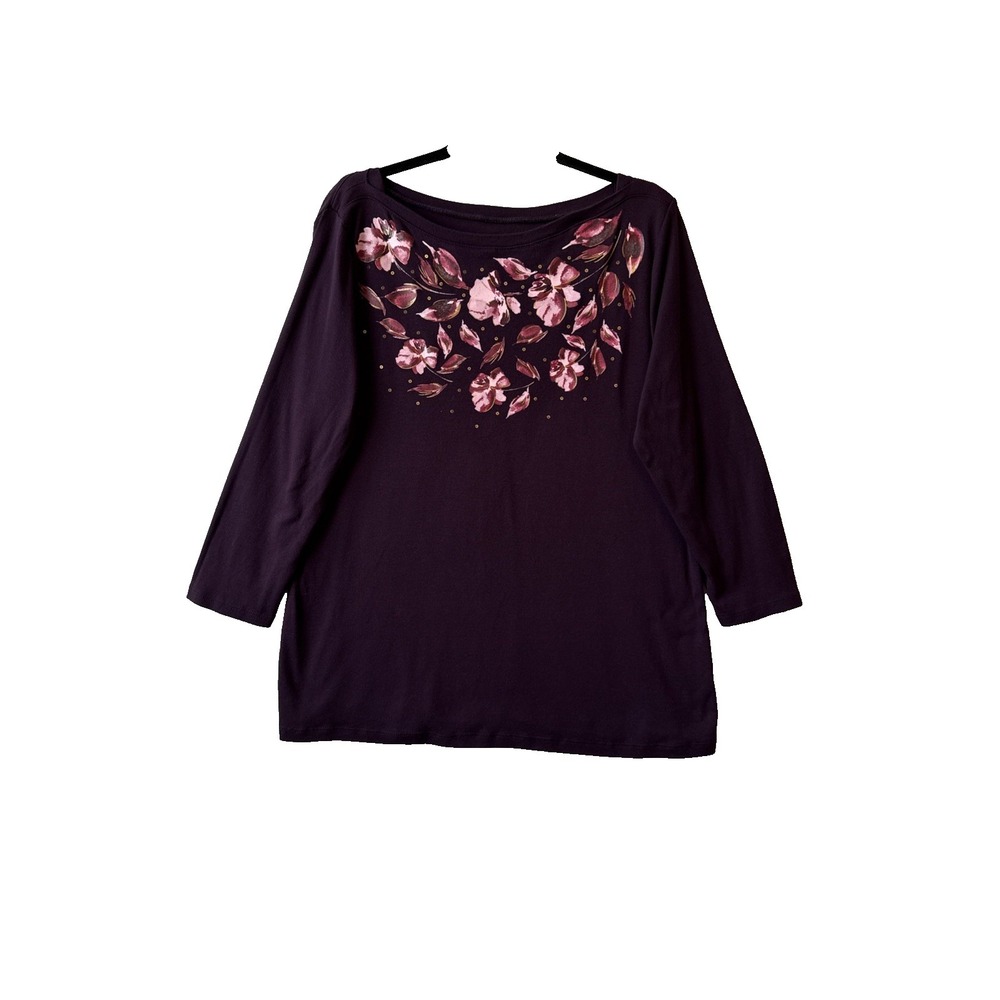 Croft & Barrow Deep Purple Floral Sequins 3/4 Sleeves Cotton Top L Boho Chic Art